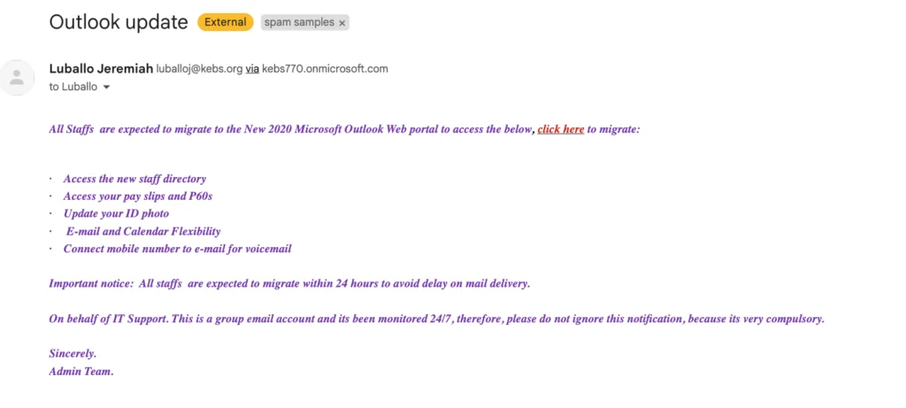 Exemple mail phishing OUTLOOK